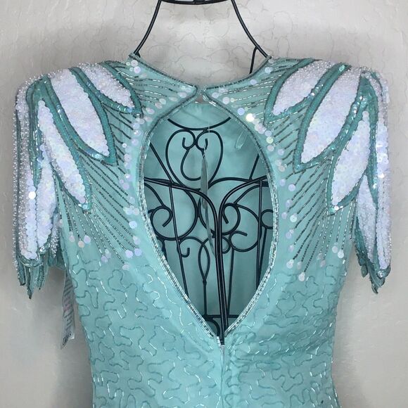 Vth Scala Turquoise White Beaded Sequin Cut Out Back Dress Women’s Size S NWTs - Picture 7 of 12